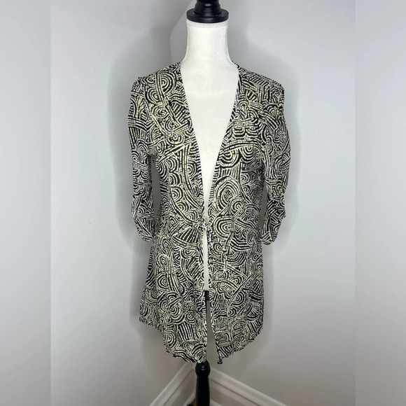 CHRISTINA Mesh Artsy Abstract Tie Front Long Line Ruched Sleeve CoverUp Cardigan - Picture 7 of 13